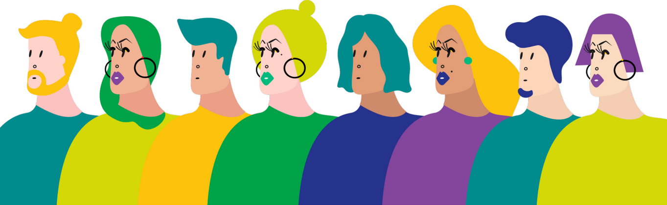 A colourful drawing of many different kinds of people