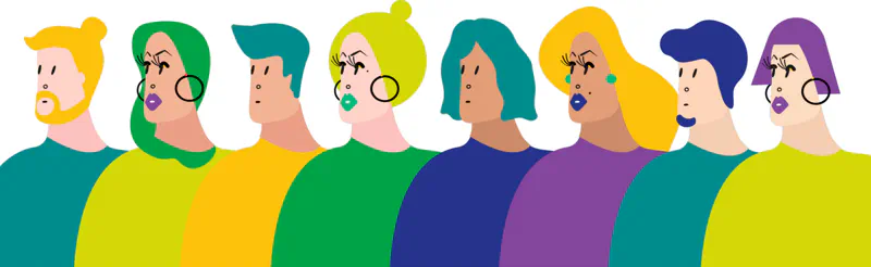 A colourful drawing of many different kinds of people
