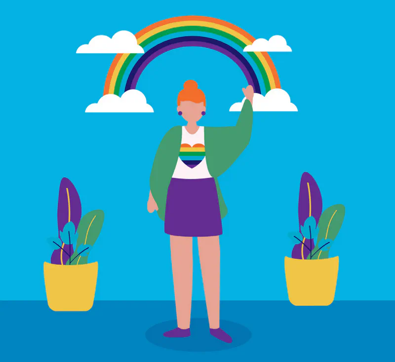 An illustrated person with orange hair in a bun wearing a shirt with a rainbow-colored heart, raising one arm up toward a colorful rainbow arching across a blue sky with white clouds, with two potted plants on either side