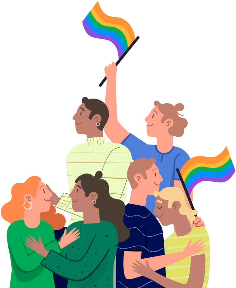 A joyful group of six people celebrating together, with two holding rainbow pride flags aloft and others embracing