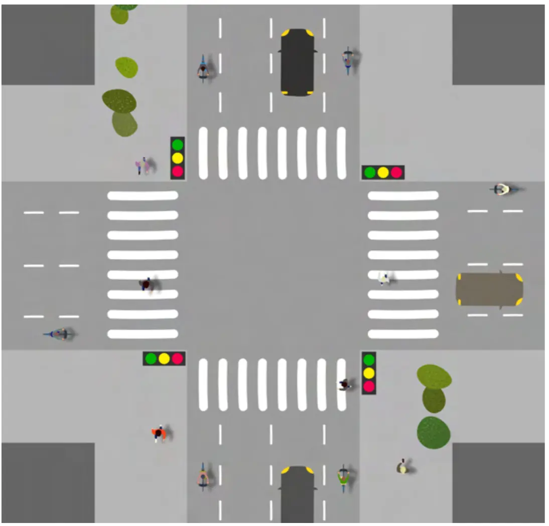 Traffic lights push both cars and pedestrians to wait for the green