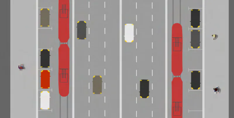 Diagram where tram tracks are sandwiched between car lanes and parked cars, creating conflicts