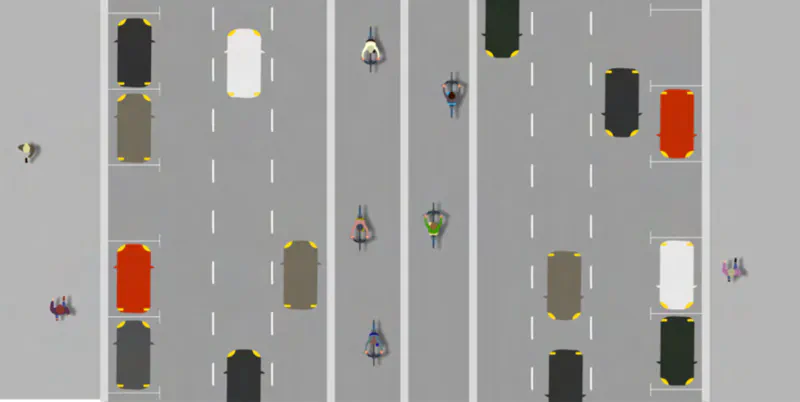 Diagram showing cyclists routed through the middle of the street, highlighting poor routing