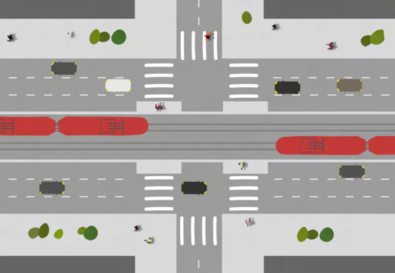 Intersection with pedestrian islands and crossings on all sides for safer crossings