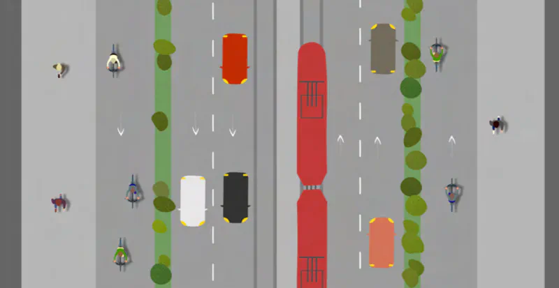 Diagram showing tram lines routed through the centre of the street with dedicated space