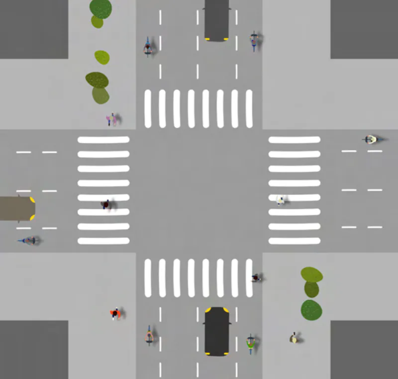 Infographic of an intersection without traffic lights where drivers must yield to pedestrians