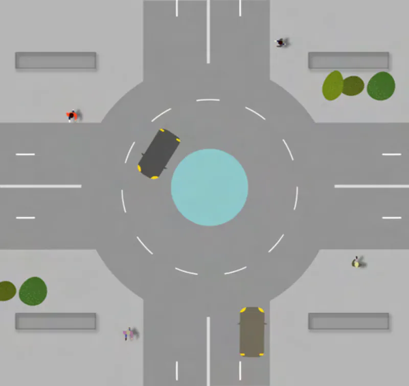 Diagram of a roundabout designed primarily to keep vehicle traffic moving faster, with limited pedestrian priority