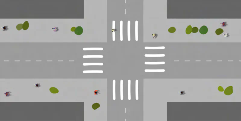 Intersection diagram showing pedestrian crossings on all sides for continuous, safe routes