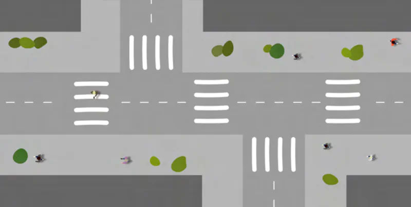 Intersection example with crossings on all sides and connected pedestrian routes