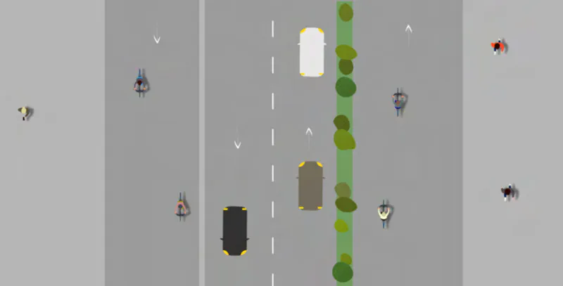Street diagram with bike lanes running along the sides, separated from vehicle lanes