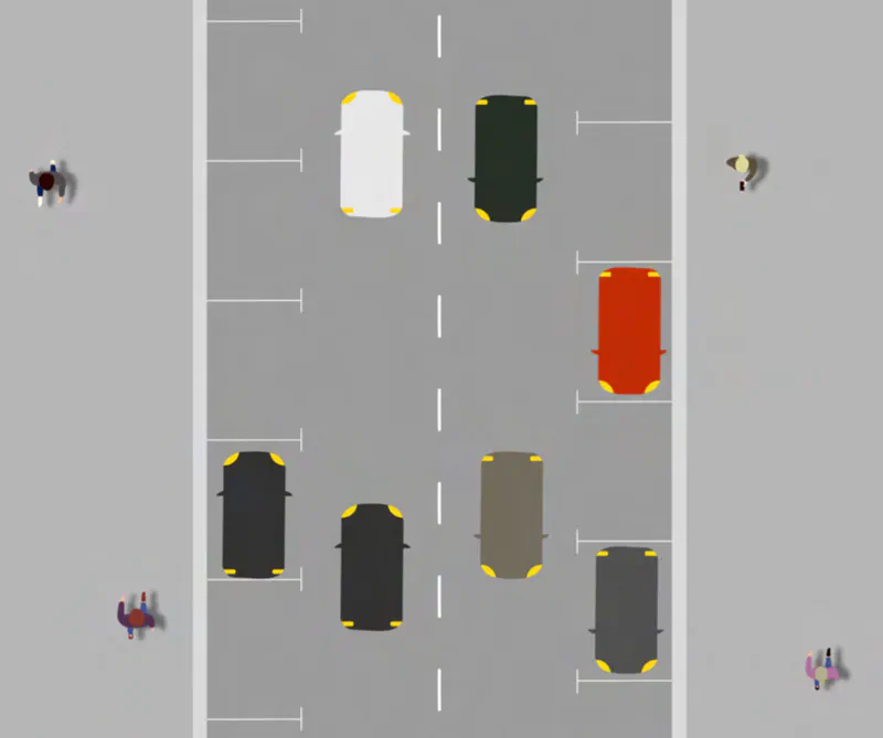 Street diagram showing a typical car-dominated road layout with multiple car lanes