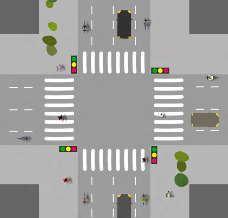 Diagram of a signalised intersection showing both cars and pedestrians waiting for green