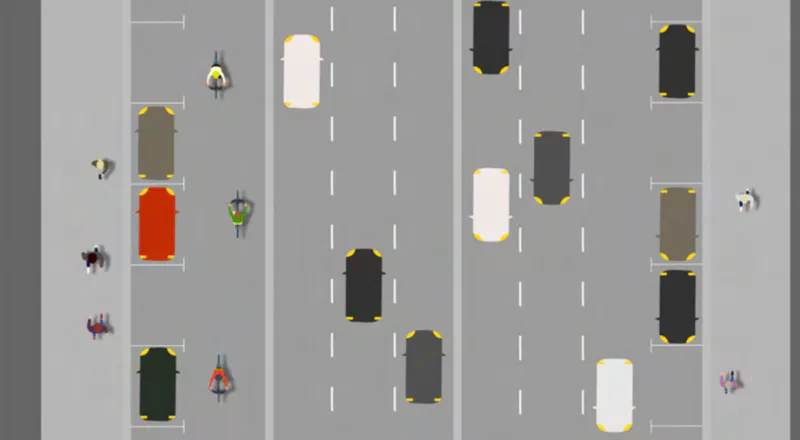 Diagram of a bike lane squeezed between parked cars and moving traffic, showing an unsafe design