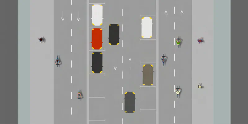 Illustration of a wide, protected bike lane separated from traffic by a physical barrier