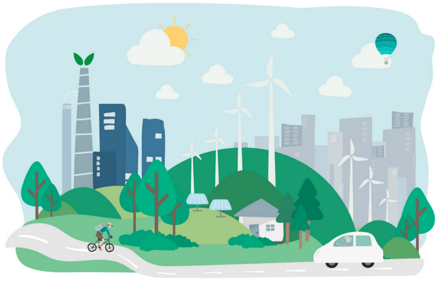 A serene, eco-friendly city with green hills, wind turbines, solar panels, and modern buildings. A cyclist rides along a curving road, while a car drives past under a bright sky with clouds and a hot air balloon.