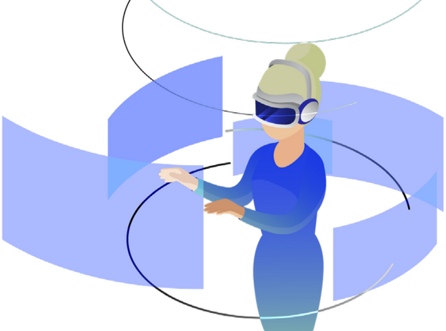 An illustration of a person wearing virtual reality headset goggles and interacting with a digital interface in a futuristic setting.