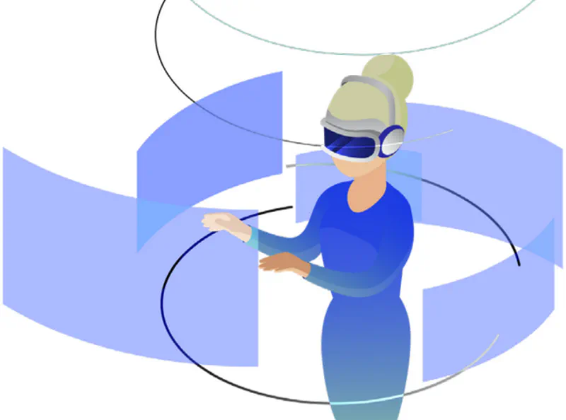 An illustration of a person wearing virtual reality headset goggles and interacting with a digital interface in a futuristic setting.